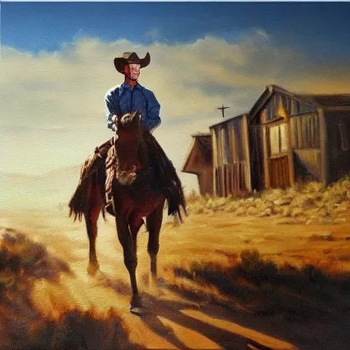 Image similar to oil painting of cowboy clint eastwood in american frontier landscape, western town, dusty street, sunrays, dramatic, very very very beautiful art