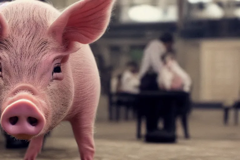 Image similar to movie scene closeup pig wearing a suit at a pidium. by emmanuel lubezki