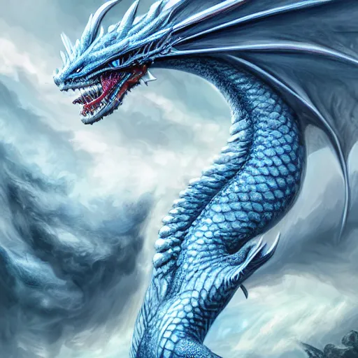 Image similar to a Blue eyed white dragon, epic background by Keith Thompson and Christopher Bretz, highly detailed, digital painting, HDRI, vivid colors, high contrast, 8k resolution, intricate, photorealistic, smooth