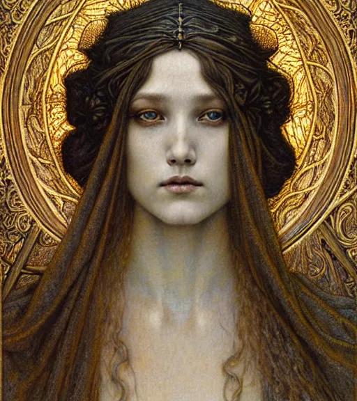 Image similar to detailed realistic beautiful young medieval queen face portrait by jean delville, gustave dore and marco mazzoni, art nouveau, symbolist, visionary, gothic, pre - raphaelite. horizontal symmetry