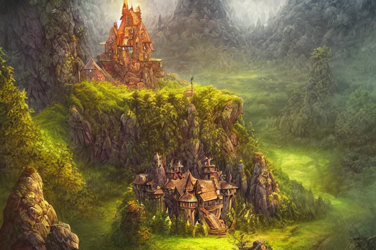 Image similar to cell shaded image of a fantasy single small castle, highly detailed, on lush green hills with a forest in the background, digital illustration, by Tony Sart, by Anato Finnstark