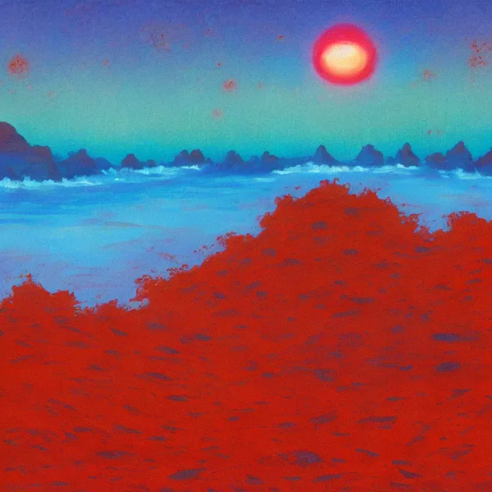 Image similar to a alien planet with a red ocean and blue sand and rocks at sunrise, bob ross painting, high coherence, highly detailed, high quality, masterpiece, award - winner, hyperrealistic