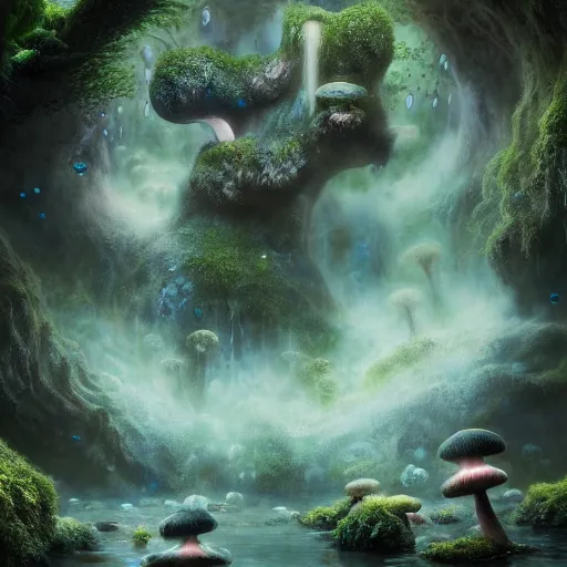 Prompt: tom bagshaw, mythical cavern, soft painting render curiosities carnival pond vegetation rocks gigantic mushrooms and tentacles covered moss luminescent wisps, stunning waterfall, accurate features, focus, very intricate ultrafine details, random volumetric lighting, fog, award winning masterpiece, octane render 8 k hd, artstation