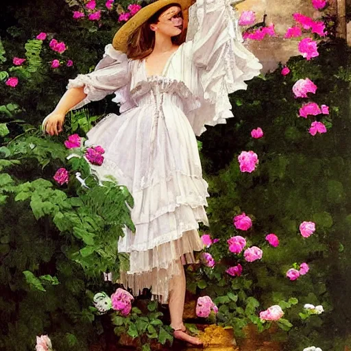 Image similar to painting on wall full body fashion model emma watson by Winslow Homer smokey eyes makeup eye shadow fantasy, glow, shimmer as victorian woman in a long white frilly lace dress and a large white hat having tea in a sunroom filled with flowers, roses and lush fern flowers ,intricate, night, highly detailed, dramatic lighting , high quality