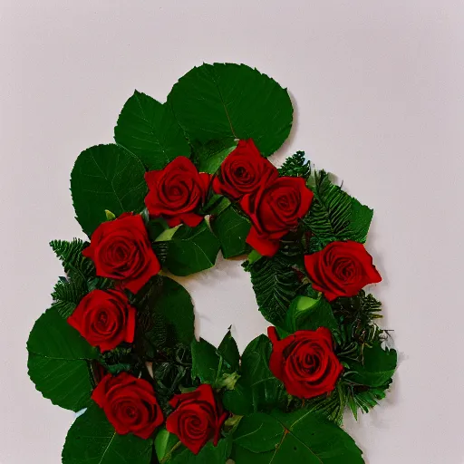 Prompt: a triangular wreath of red, white, and green roses and ferns, photographed against a white background, Kodak Portra 400, 8k