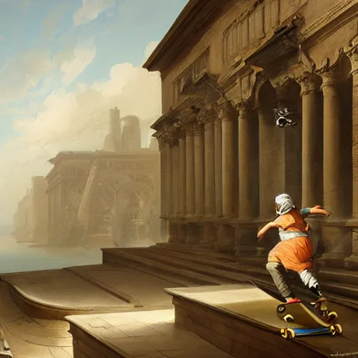 Image similar to skateboarder painting dynamic detailed by hubert robert