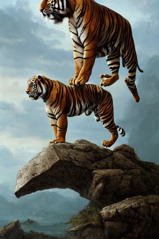 Image similar to a humanoid muscular tiger king stands on a rock by greg rutkowski, magic realism, hyper realistic, 2 0 0 mm lens