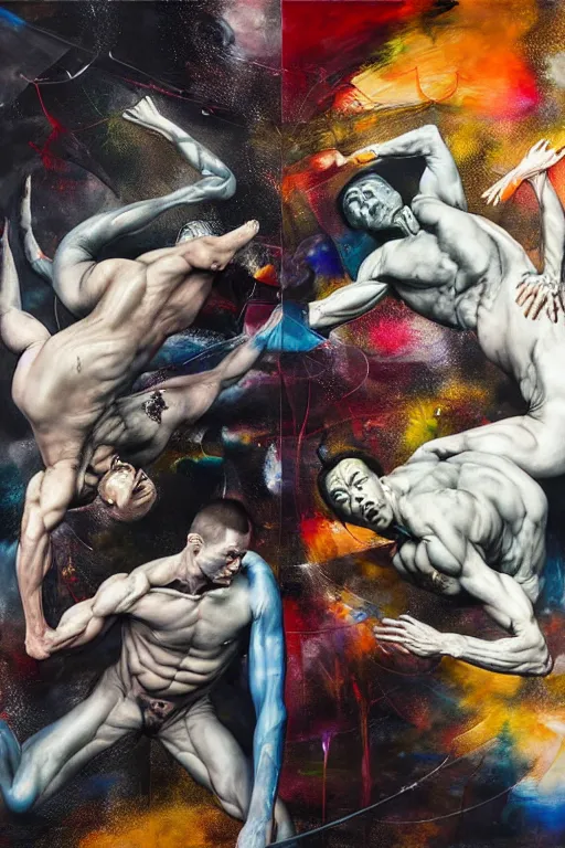 Image similar to two muscular men entwined, floating in space, zero gravity, inside a brutalist space ship, gothic, rich deep colours, painted by francis bacon, adrian ghenie, james jean and petra cortright, part by gerhard richter, part by takato yamamoto. 8 k masterpiece