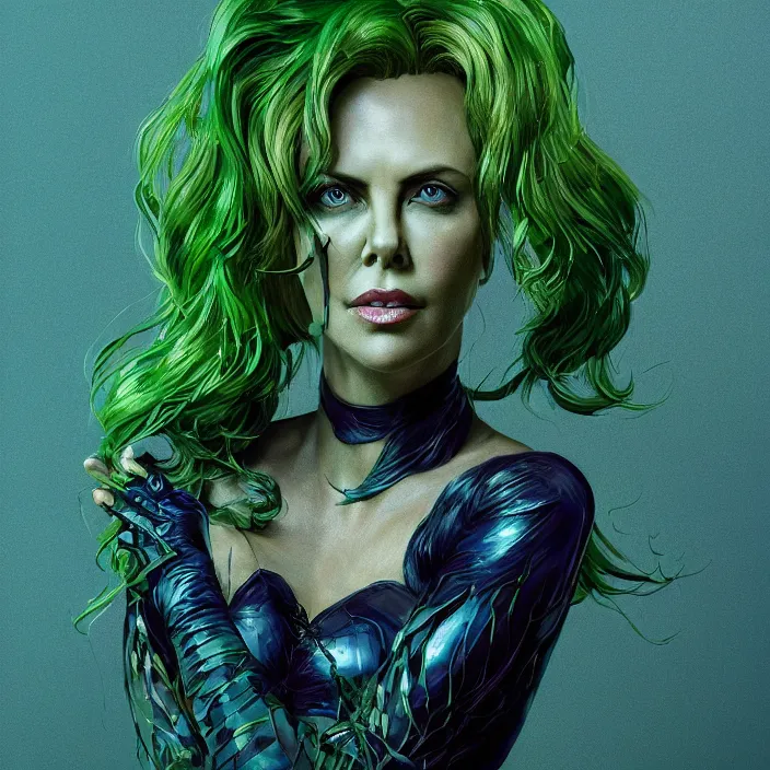 Prompt: portrait of Charlize Theron as Poison Ivy. intricate abstract. intricate artwork. by Tooth Wu, wlop, beeple, dan mumford. octane render, trending on artstation, greg rutkowski very coherent symmetrical artwork. cinematic, hyper realism, high detail, octane render, 8k, iridescent accents