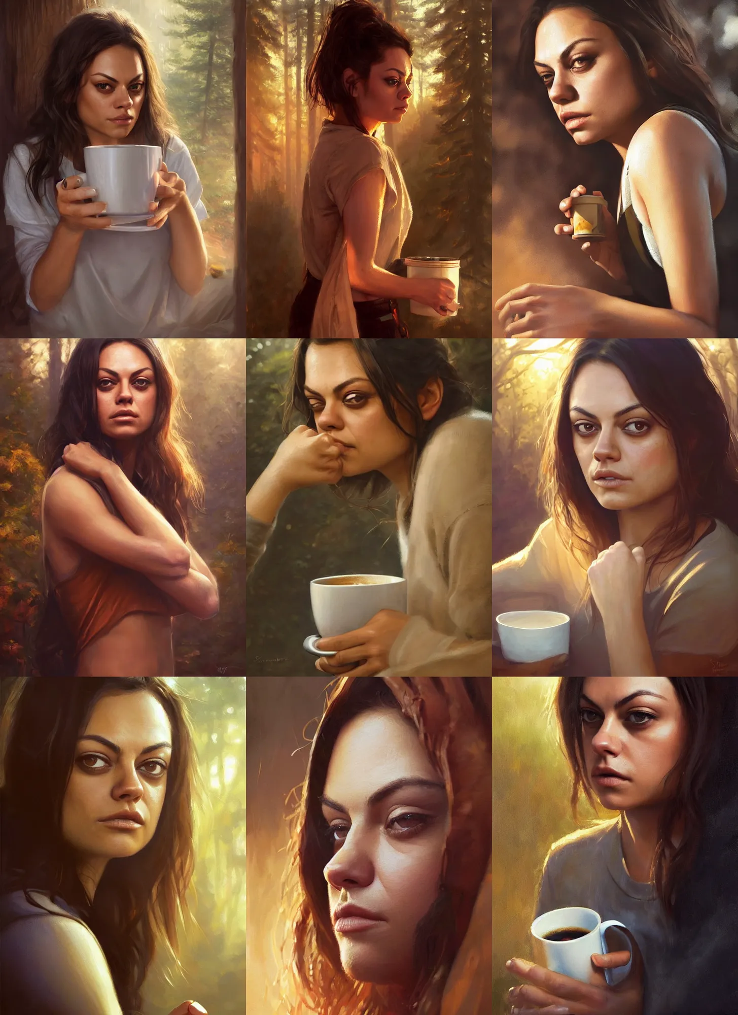 Image similar to close portrait of sleepy mila kunis waking up with coffee, dramatic light, morning golden hour, forest cabin background, 2 0 0 mm focal length, painted by stanley lau, painted by greg rutkowski, painted by stanley artgerm, digital art, trending on artstation