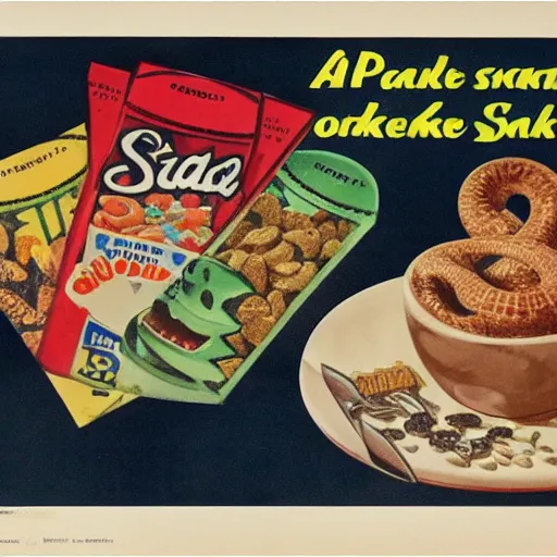 Image similar to a 1 9 5 0 s stylized advertisement for a snake themed cereal product, art, circa 1 9 5 0 s