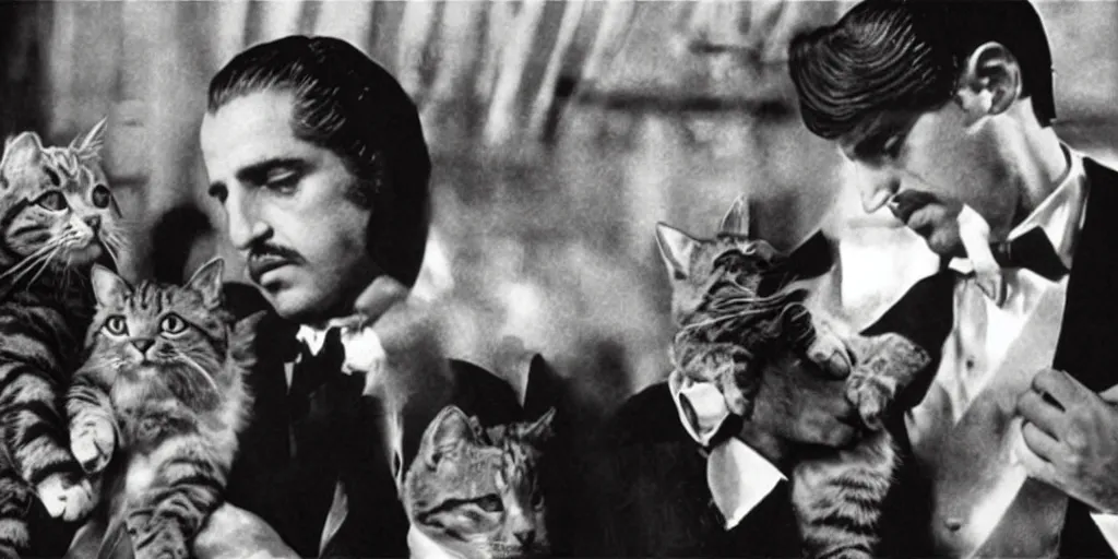 Prompt: a still from the movie The Godfather but with cats instead
