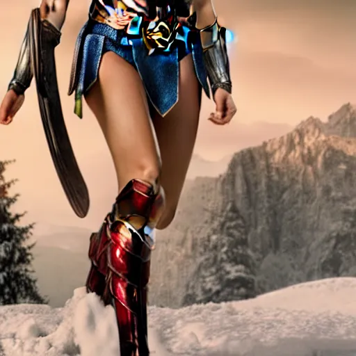 Prompt: a photo of Gal Gadot as wonder woman in a beautiful mountain full of snow,4k