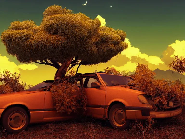 Image similar to low angle shot of tree growing inside scrap car in the foreground. overgrown. soft golden red sunset over the mountains in the background. clouds. detailed leaves, the style of 1 9 9 0's cg graphics against the cloudy night sky, lsd dream emulator psx, 3 d rendered y 2 k aesthetic by ichiro tanida, 3 do magazine, wide shot