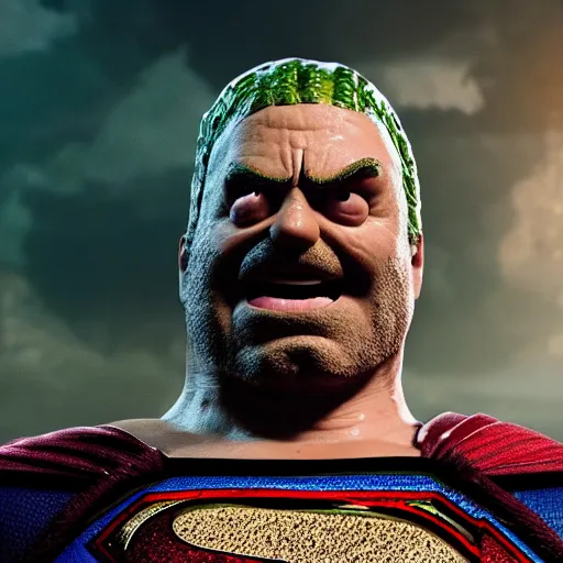 Image similar to pickle rick as superman! flying in ( gears of war ), splash art, movie still, detailed face, photorealistic facial features, cinematic lighting, dramatic, octane render, long lens, shallow depth of field, bokeh, anamorphic lens flare, 8 k, hyper detailed, 3 5 mm film grain