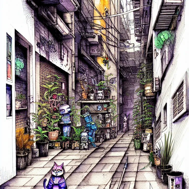 Image similar to an absurdly-detailed cyberpunk alleyway watercolor-calligraphy-pen drawing. Cats and Robots and Potted-Plants.