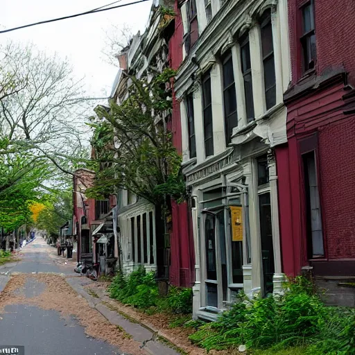 Image similar to main street in northampton, ma overgrown after 5 0 0 years since the apocalypse