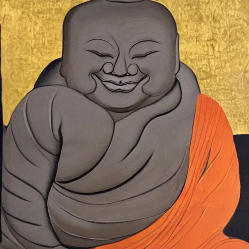 Image similar to painting of the - laughing - buddha with cat