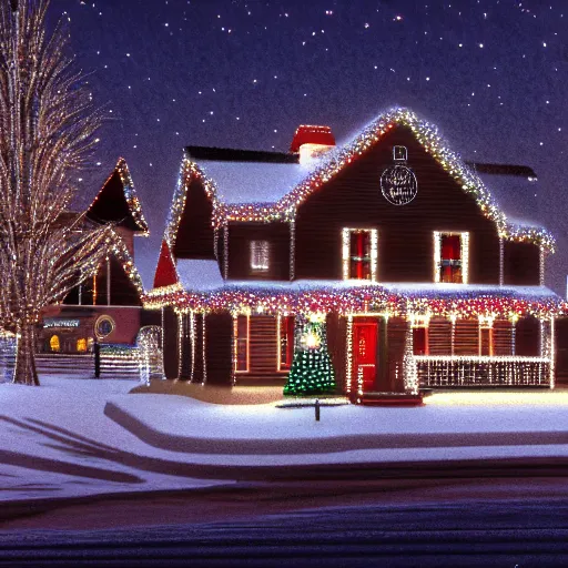 Image similar to christmas in a new england town physically based render, night backlit, 1 9 6 0 s