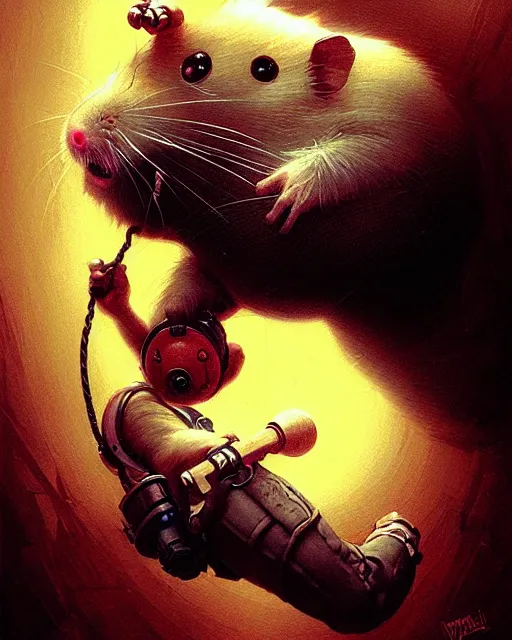 Image similar to wrecking ball the hamster from overwatch, character portrait, portrait, close up, concept art, intricate details, highly detailed, horror poster, horror, vintage horror art, realistic, terrifying, in the style of michael whelan, beksinski, and gustave dore
