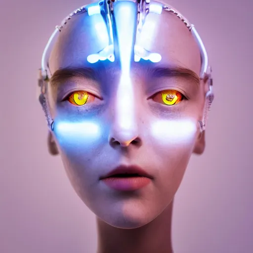 Image similar to beautiful centered fine art photo portrait of sleepy beautiful girl as a solarpunk robotic humanoid, real human face, white mechanical parts with led lights, photorealistic, white background, highly detailed and intricate, soft box lighting, hdr 8 k