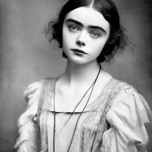 Image similar to headshot edwardian photograph of elle fanning, lily collins, alexandra daddario, 1 9 2 0 s film actress, realistic face, 1 9 1 0 s, grainy, victorian, detailed, soft blur