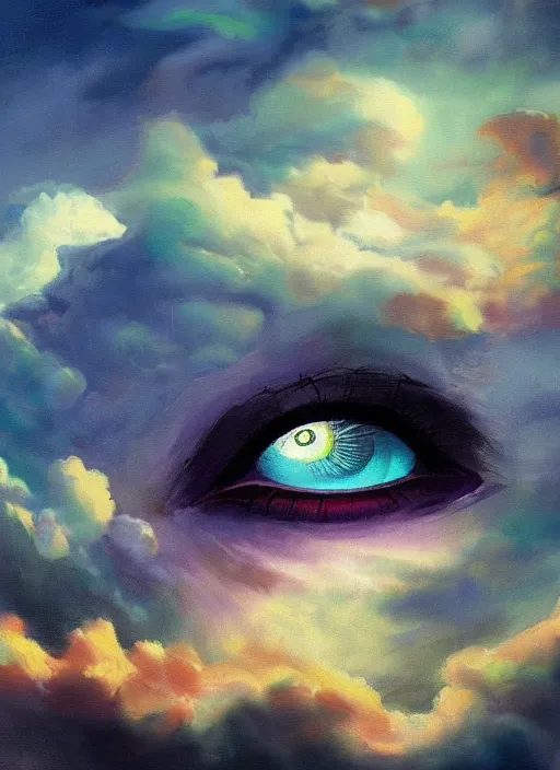 Prompt: a beautiful painting of a single eye in a cloudy sky, fantasy art, matte painting, beautiful colors
