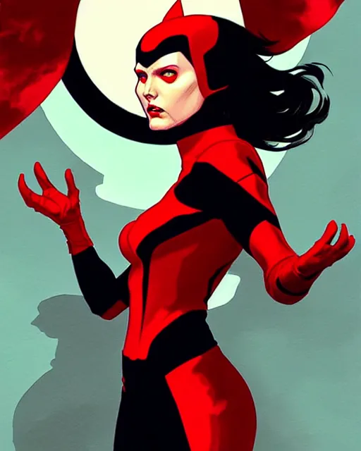 Prompt: rafael albuquerque comic art, peter mohrbacher, phil noto, artgerm, pretty evil elizabeth olson scarlet witch marvel, black and red dress, symmetrical eyes