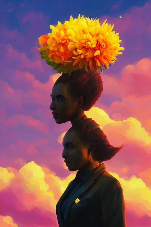 Image similar to closeup, giant flower as head, black woman in suit, surreal photography, golden hour, colorful clouds, impressionist painting, digital painting, artstation, simon stalenhag