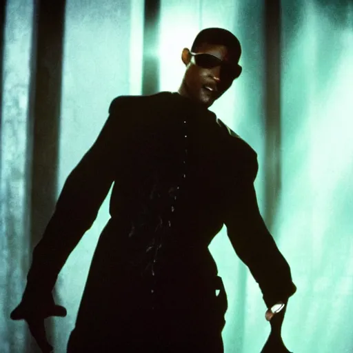 Image similar to usher as morpheus from the matrix, dramatic lighting, movie still,