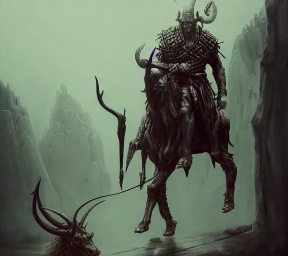 Image similar to minotaur concept, full body concept, beksinski, wayne barlowe, adrian smith fantasy art, the hobbit art, lord of the ring art, the witcher concept art, trending on artstation, game of throne art