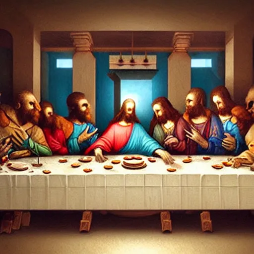 Prompt: the last supper of robots as apostles in leonardo da vinchi style. digital art, artstation, concept art, smooth, sharp focus, illustration, art by peter mohrbacher