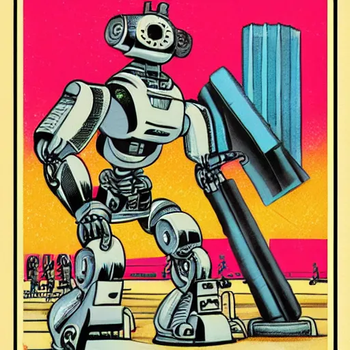 Prompt: robot in retro sci fi pulp newsprint illustration cover