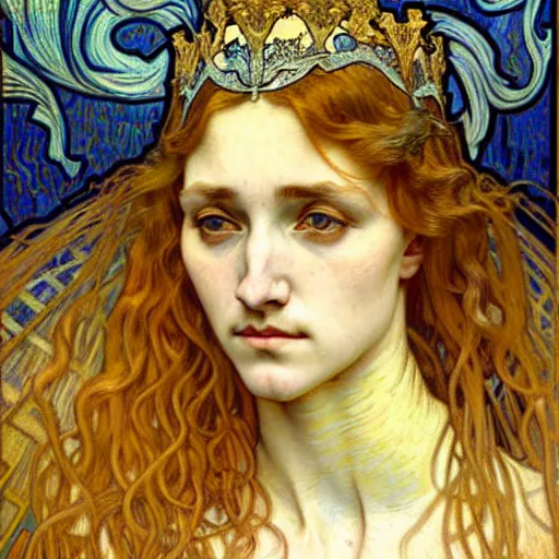 Image similar to detailed realistic beautiful young medieval queen face portrait by jean delville, alphonse mucha, vincent van gogh, and marco mazzoni, art nouveau, symbolist, visionary, gothic, pre - raphaelite
