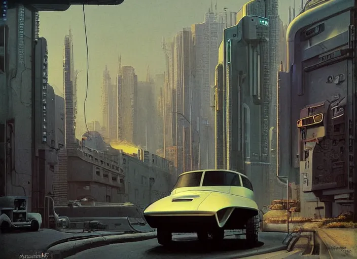 Image similar to a car bu driving down a street next to small buildings the night, cyberpunk art by Chesley Bonestell, cgsociety, retrofuturism, matte painting, reimagined by industrial light and magic