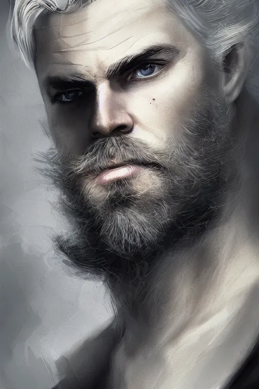 Image similar to blonde wild hair beard man, black eye - patch, close - up portrait, plain white tshirt, powerfull, intricate, elegant, volumetric lighting, scenery, digital painting, highly detailed, artstation, sharp focus, illustration, concept art, ruan jia, steve mccurry