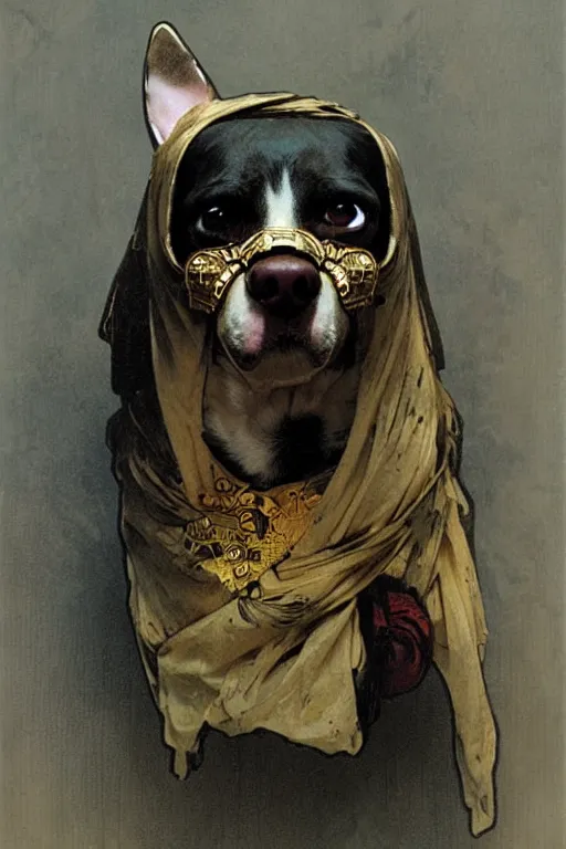 Prompt: Dog wearing mask by greg rutkowski and alphonse mucha
