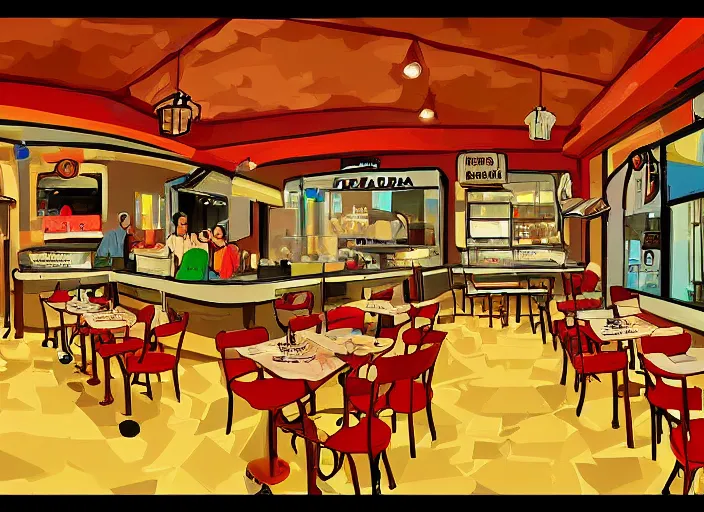 Prompt: digital painting of the inside of a pizzeria in italy,