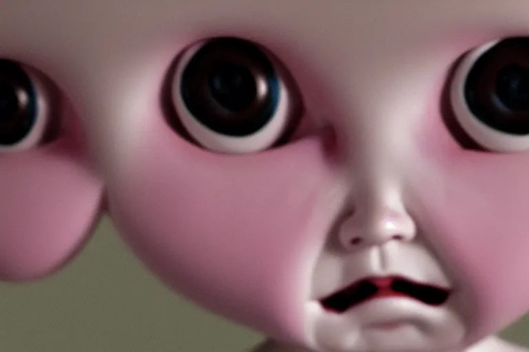 Image similar to a creepy doll with very human eyes staring out at the viewer, horror movie