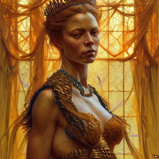 Image similar to highly detailed portrait of a majestic lioness queen in the form of a beautiful woman. d & d, art by donato giancola and ruan jia and carl larsson. trending on artstation, intricate details, energetic composition, golden ratio, concept art, illustration, elegant art