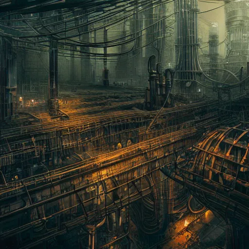 Image similar to futuristic dystopian endless, intricate, complex, labyrinthine, byzantine, tangled, industrial megafactory complex, smokestacks, pipelines and ducts and vents, matte painting, steampunk, smoke, night, gloomy, dark, dramatic, cinematic, volumetric lighting, gods eye view