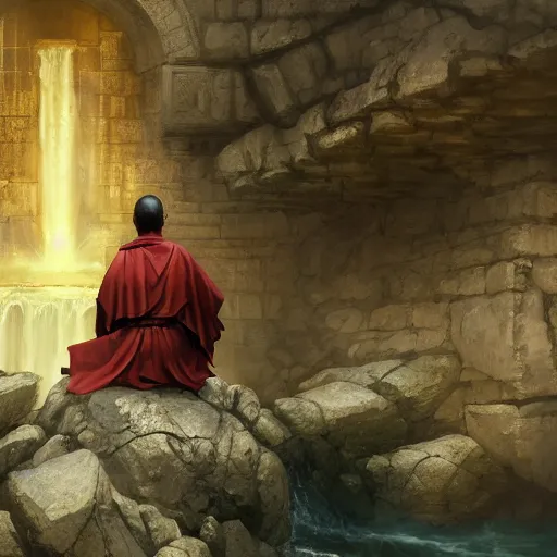 Prompt: A wise swordsman sitting meditating on a stone of a shaolin temple mount with a waterfall behind, artstation, Greg rutkowski, cinematic, digital Art