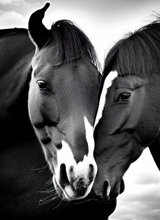 Image similar to two horses black and white portrait white sky in background