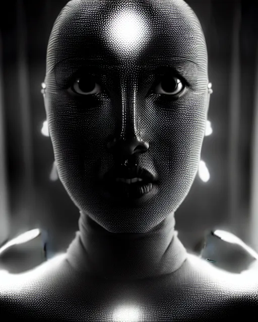 Image similar to black and white high quality photo of a female AI-queen-dragon-meshes-cyborg looking into a sci-fi mirror, volumetric lighting, brutalism, foggy, dreamy, hyperdetailed, bokeh, photorealistic, cinematic, masterpiece, elegant, dark, in the style of Horst P. Horst, octane render, 8K,