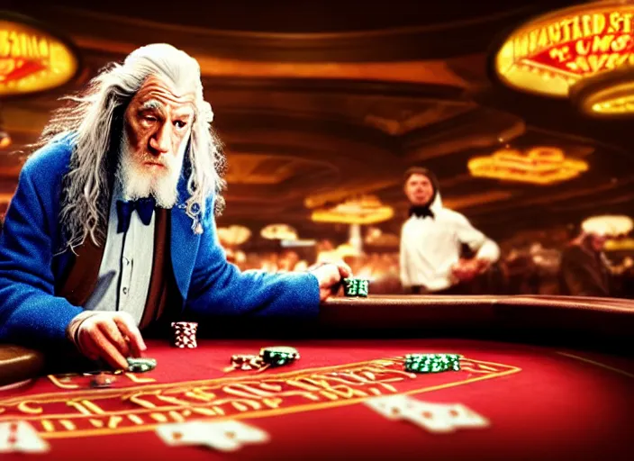 Image similar to film still of gandalf gambling in a casino in new martin scorsese movie, 8 k