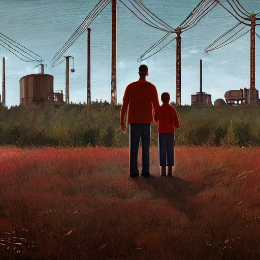 Image similar to a family holding hands, looking at an abandoned steelworks by simon stalenhag