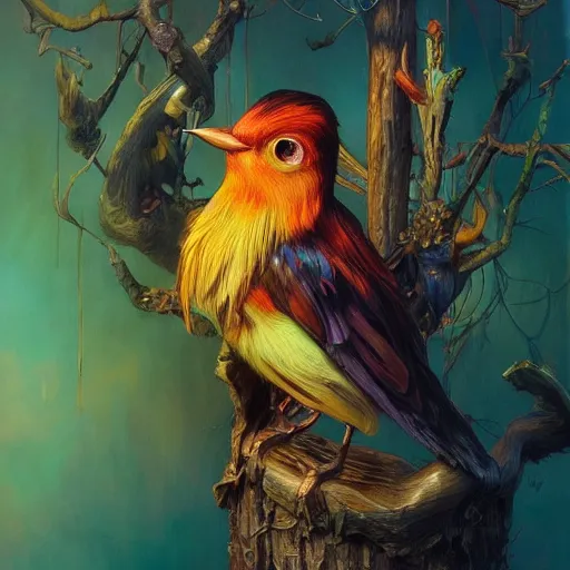 Prompt: carved wooden colorful bird, golden crown, dark, rusty, fantasy forest, highly detailed, realistic, artstation, concept art, smooth, sharp focus, illustration, art by artgerm and greg rutkowski and alphonse mucha