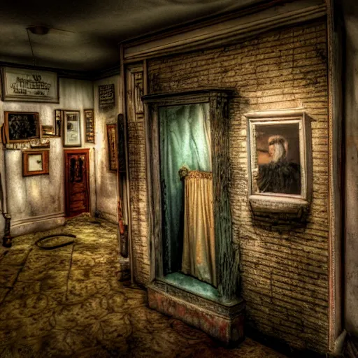 Image similar to Creepy Dimly Lit Run Down Wax Museum Gallery Display HDR