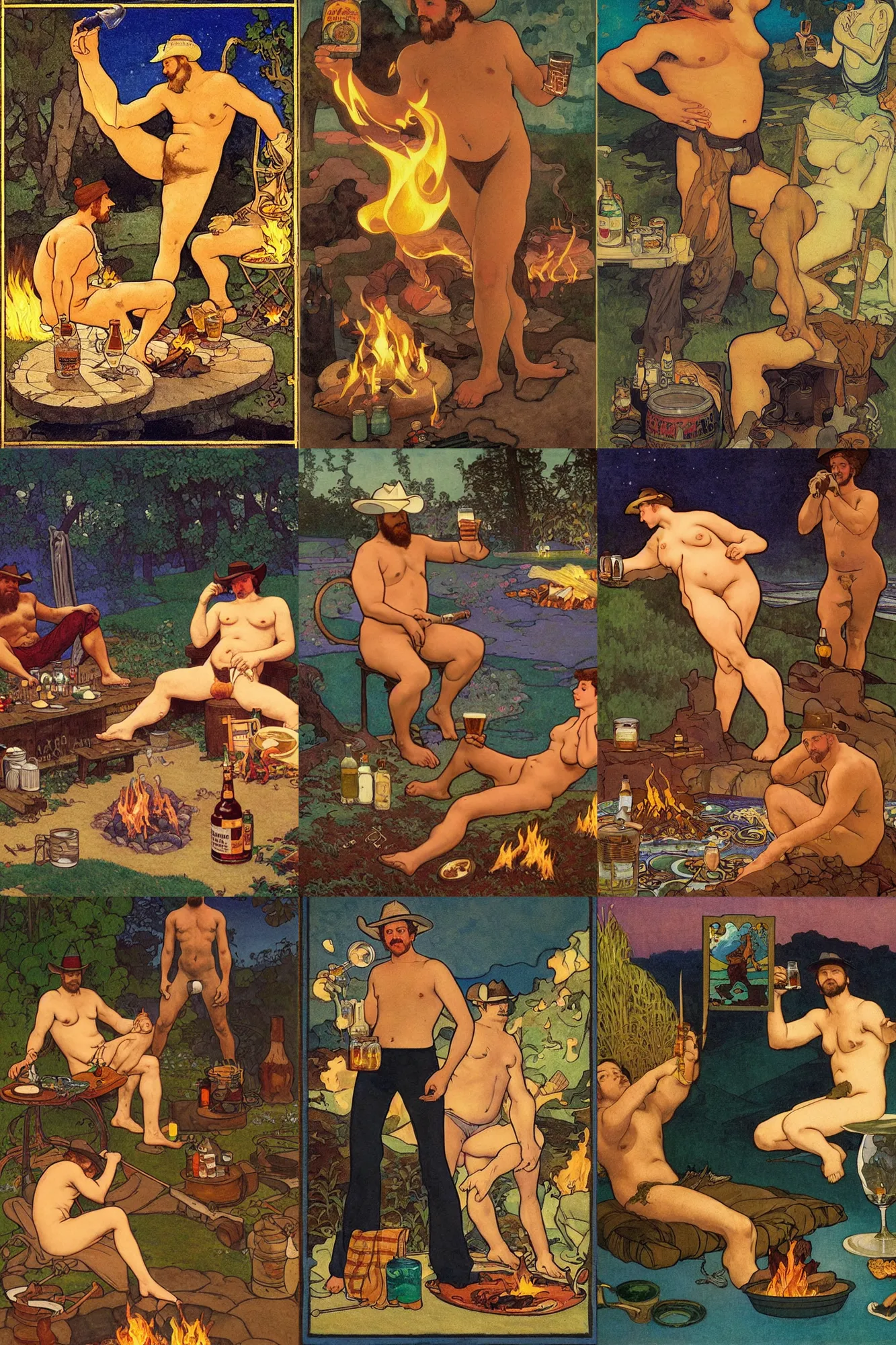 Prompt: a serene, ethereal painting of a handsome mischievous thicc shirtless cowboy with a beer belly | night scene with campfire | food and jugs of whisky in the foreground | tarot card, art deco, art nouveau | by Walter Crane, by Maxfield Parrish, by Alphonse Mucha | trending on artstation