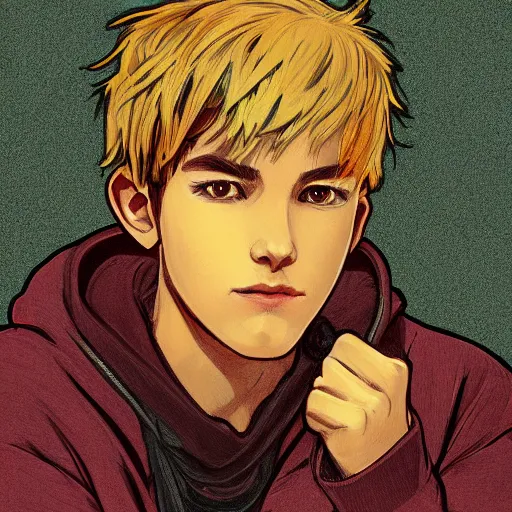 Image similar to detailed 2 d picture a boy with white hair, wearing yellow with red pattern hoodie holding a riffle in the style of artgerm and greg rutkowski and alphonse mucha